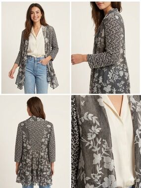 Fleur de Lis Floral Lace Kimono Cardigan Mixed Media Gray Size M
